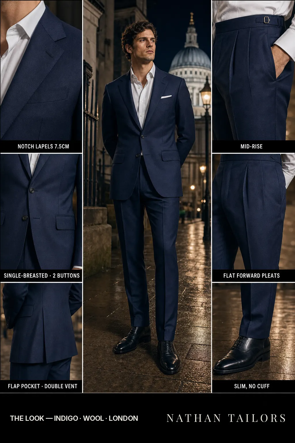 indigo single-breasted notch-lapel bespoke suit — AI-rendered by Nathan Tailors, the Hoi An custom tailor. Available as a custom tailored suit from $149.