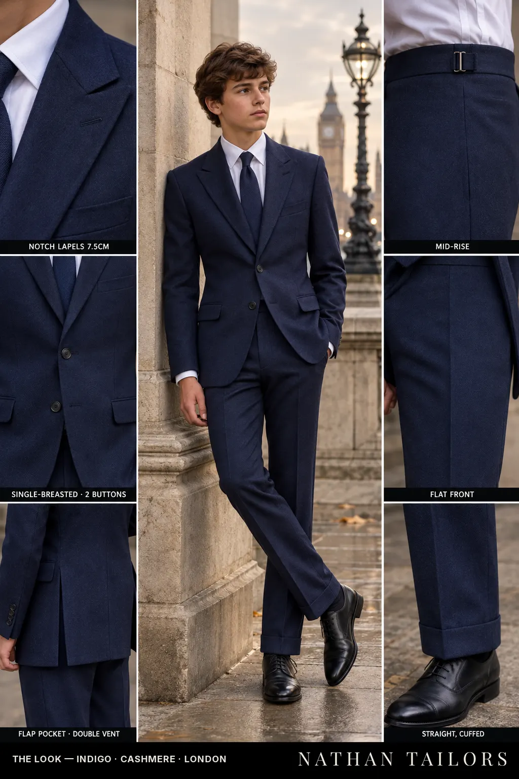 indigo single-breasted notch-lapel bespoke suit โ AI-rendered by Nathan Tailors, the Hoi An custom tailor. Available as a custom tailored suit from $149.