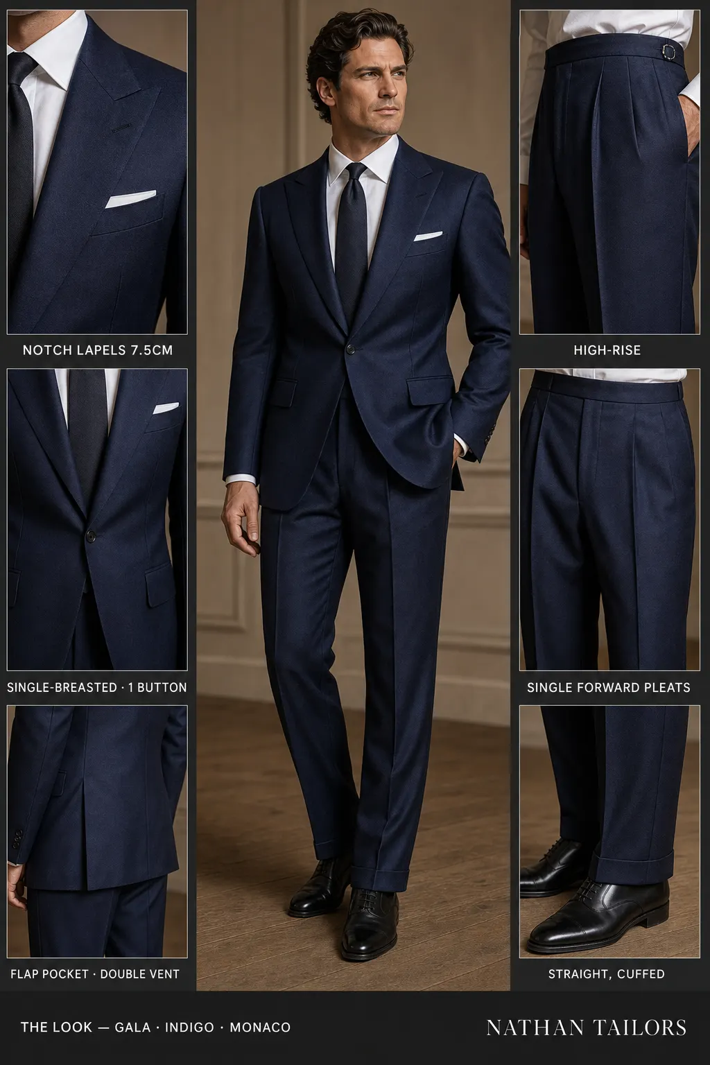 indigo single-breasted notch-lapel bespoke suit โ AI-rendered by Nathan Tailors, the Hoi An custom tailor. Available as a custom tailored suit from $149.