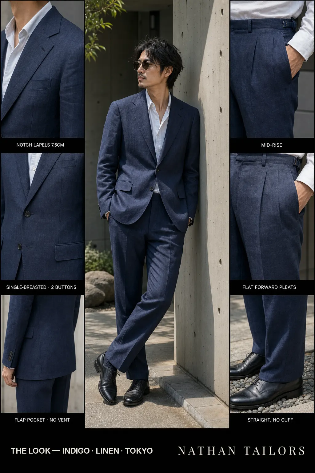 indigo single-breasted notch-lapel bespoke suit — AI-rendered by Nathan Tailors, the Hoi An custom tailor. Available as a custom tailored suit from $149.