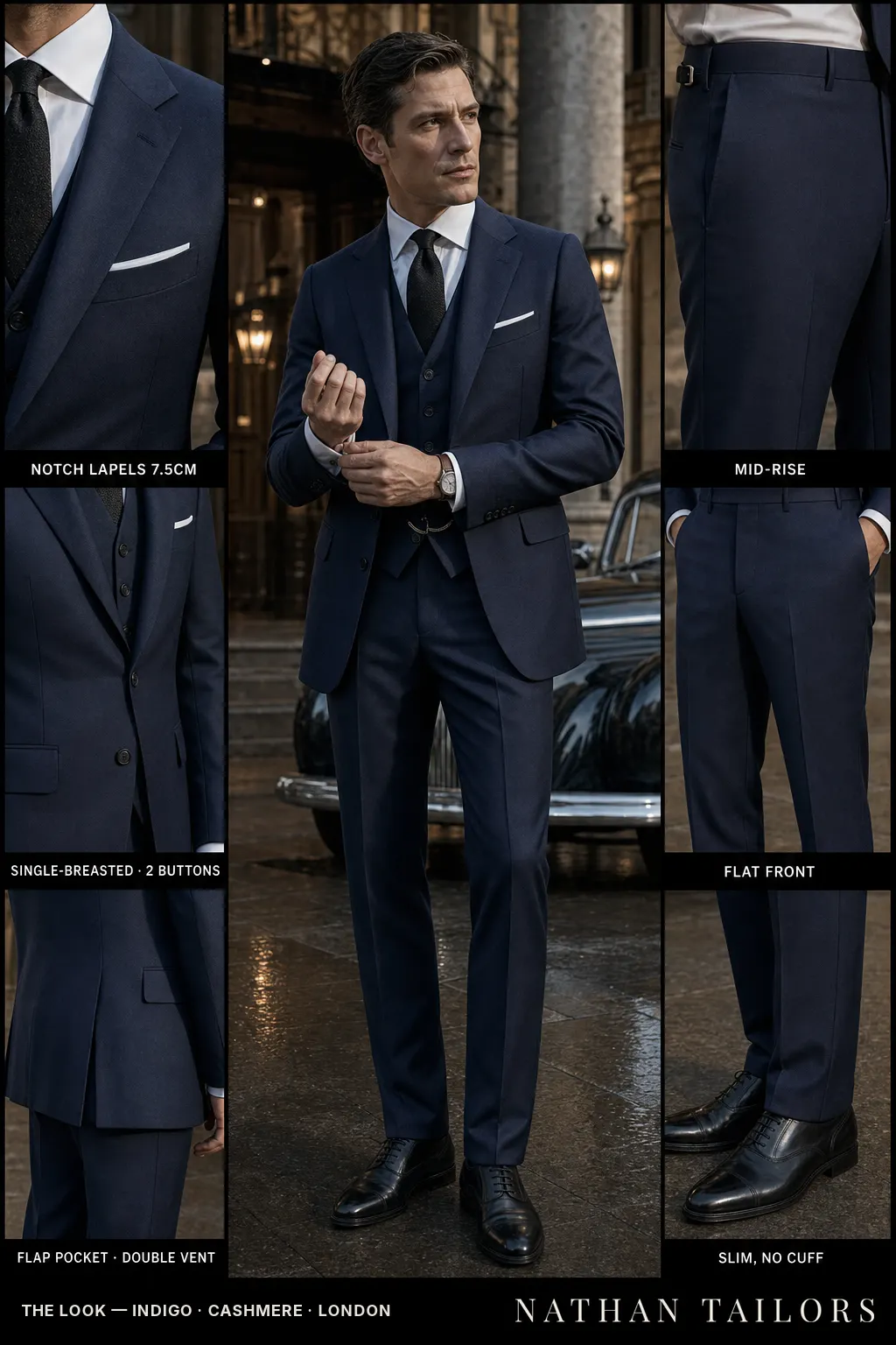 indigo single-breasted notch-lapel bespoke suit — AI-rendered by Nathan Tailors, the Hoi An custom tailor. Available as a custom tailored suit from $149.