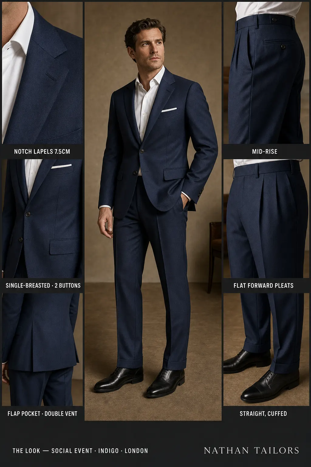 indigo single-breasted notch-lapel bespoke suit — AI-rendered by Nathan Tailors, the Hoi An custom tailor. Available as a custom tailored suit from $149.