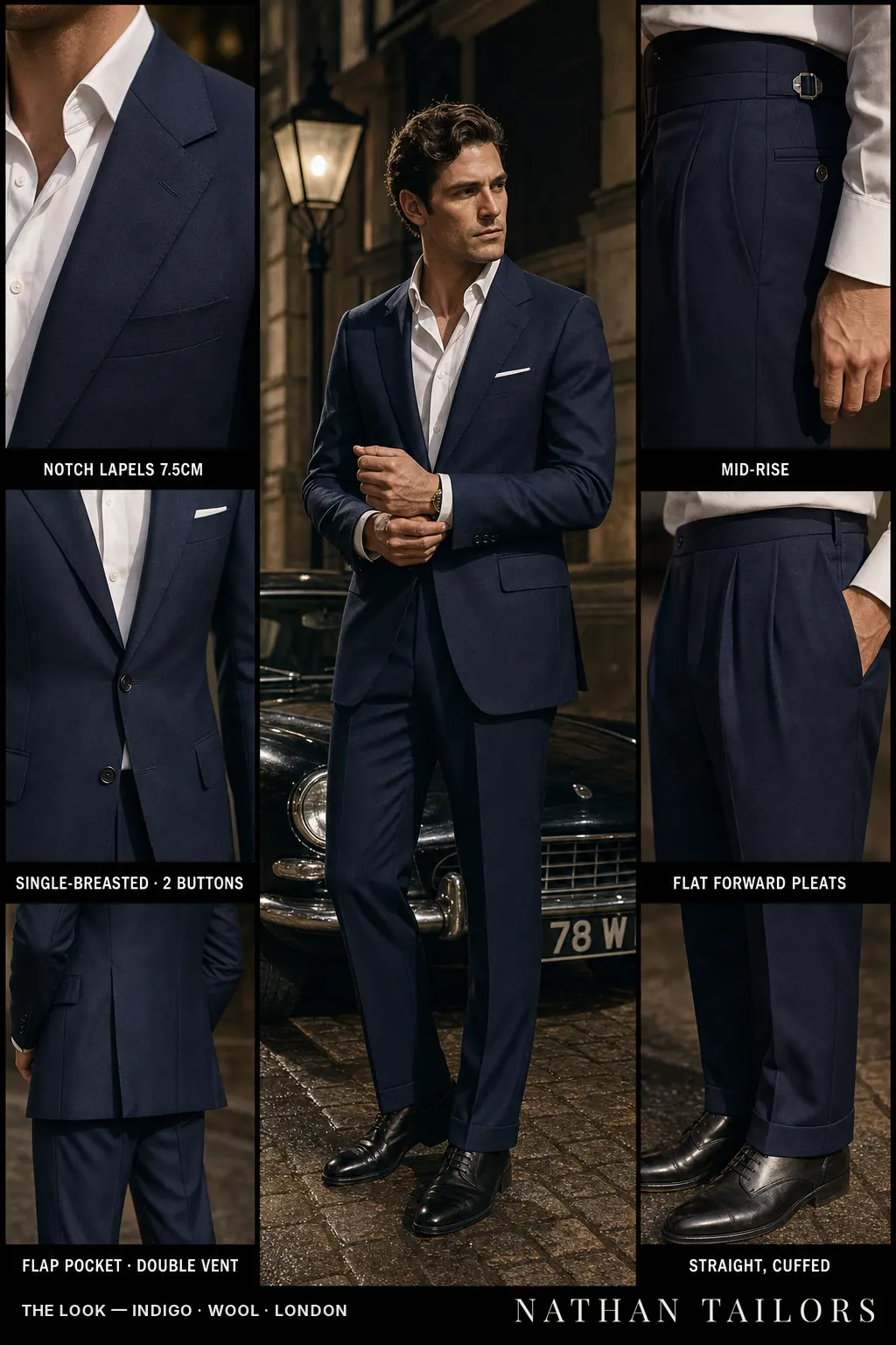 indigo single-breasted notch-lapel bespoke suit — AI-rendered by Nathan Tailors, the Hoi An custom tailor. Available as a custom tailored suit from $149.