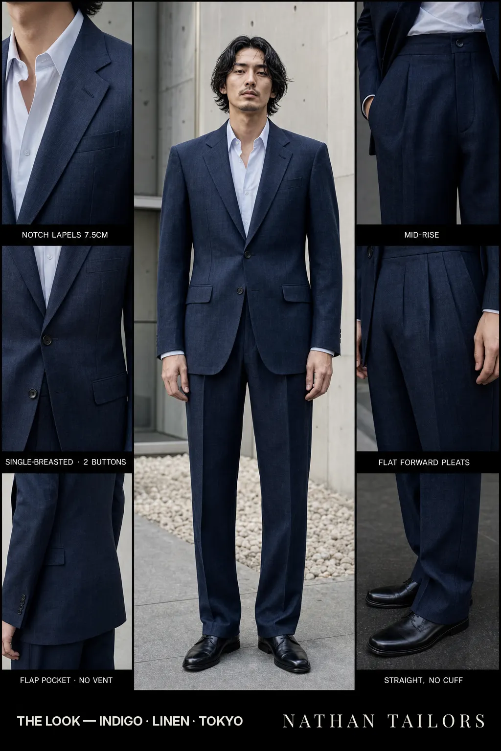 indigo single-breasted notch-lapel bespoke suit โ AI-rendered by Nathan Tailors, the Hoi An custom tailor. Available as a custom tailored suit from $149.