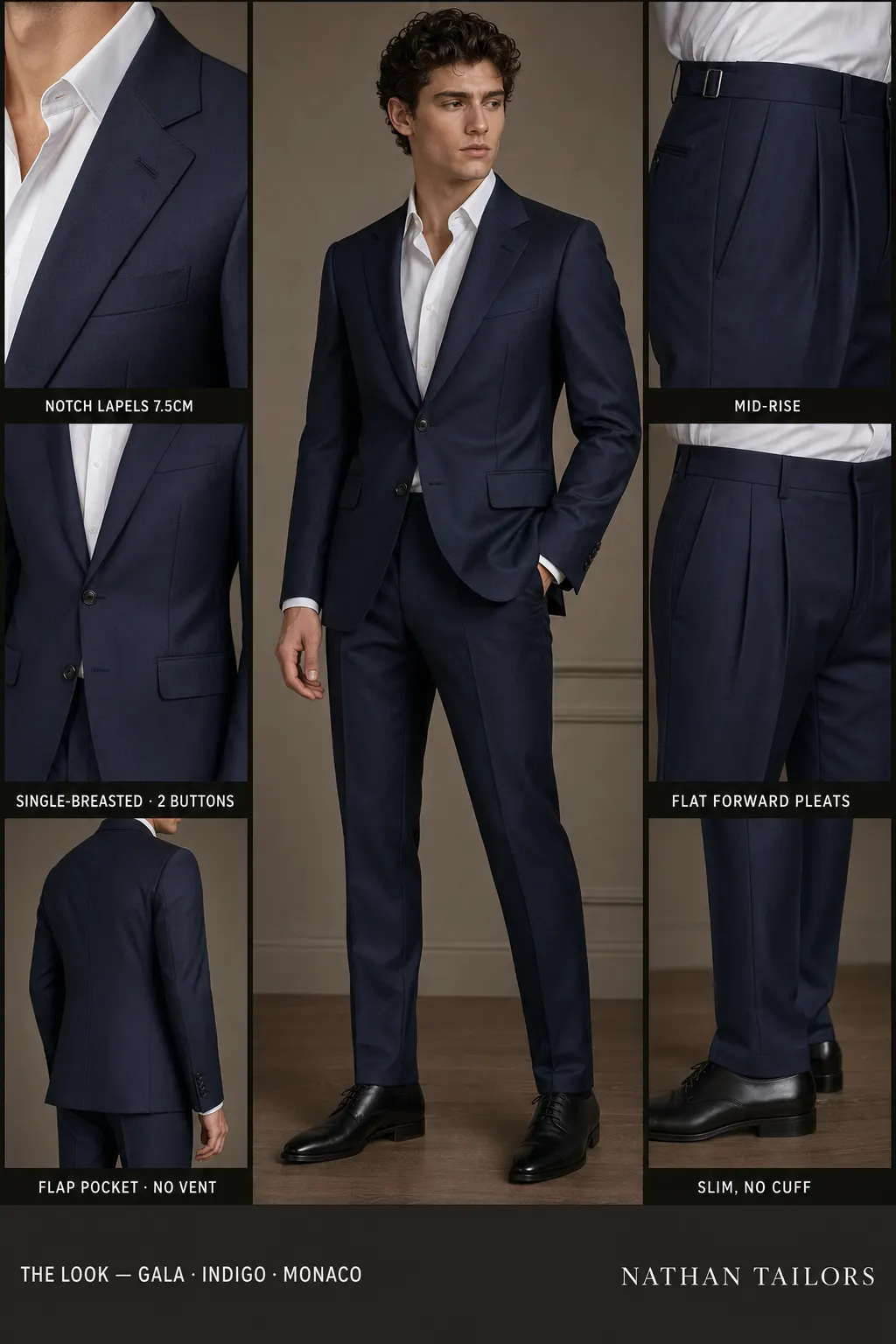 indigo single-breasted notch-lapel bespoke suit — AI-rendered by Nathan Tailors, the Hoi An custom tailor. Available as a custom tailored suit from $149.
