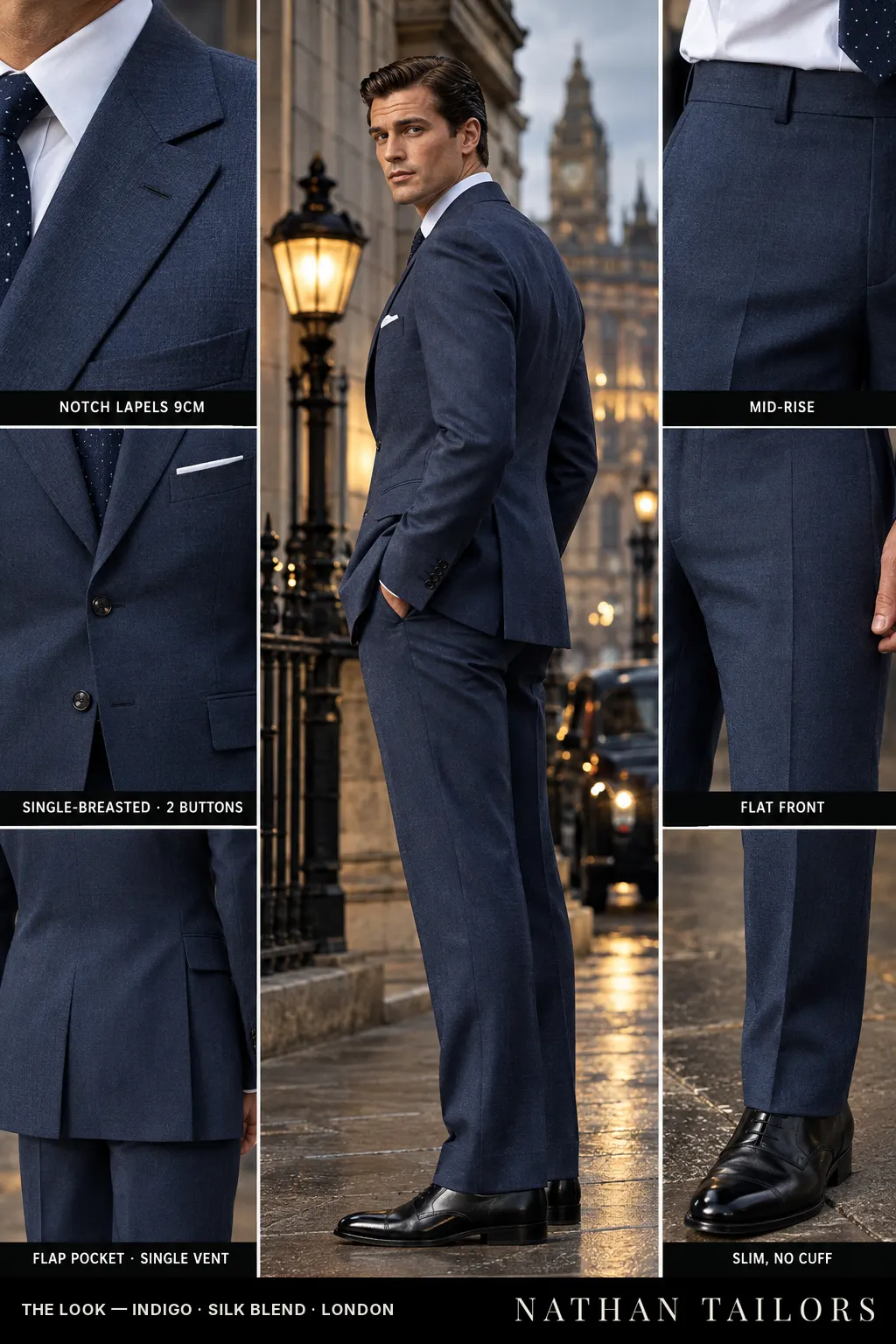 indigo single-breasted bespoke suit โ custom tailored by Nathan Tailors, the Hoi An custom tailor