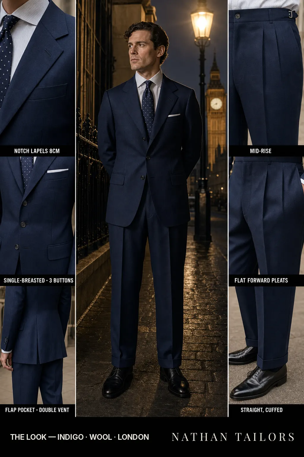 indigo single-breasted notch-lapel bespoke suit โ AI-rendered by Nathan Tailors, the Hoi An custom tailor. Available as a custom tailored suit from $149.