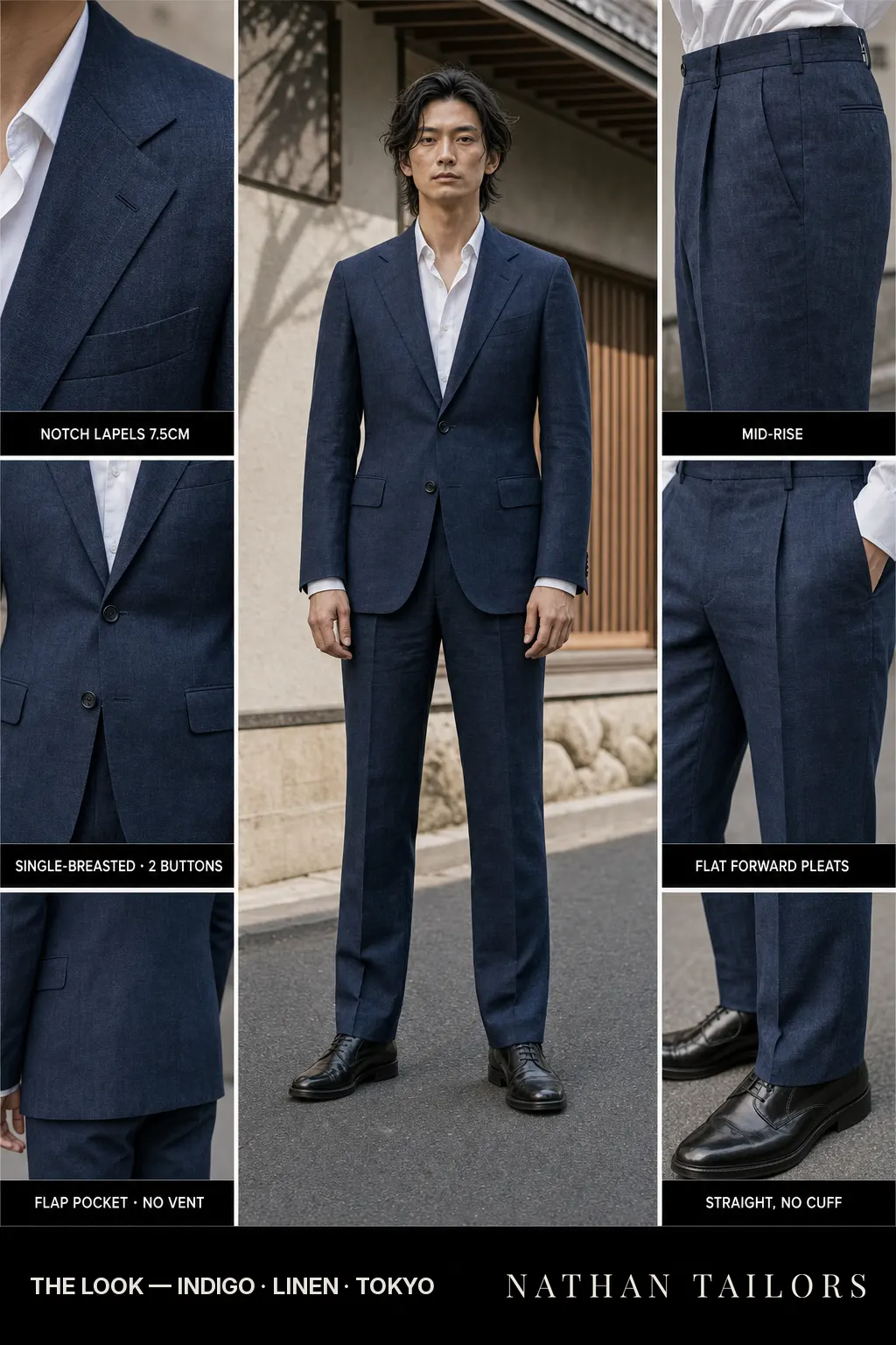 indigo single-breasted notch-lapel bespoke suit — AI-rendered by Nathan Tailors, the Hoi An custom tailor. Available as a custom tailored suit from $149.