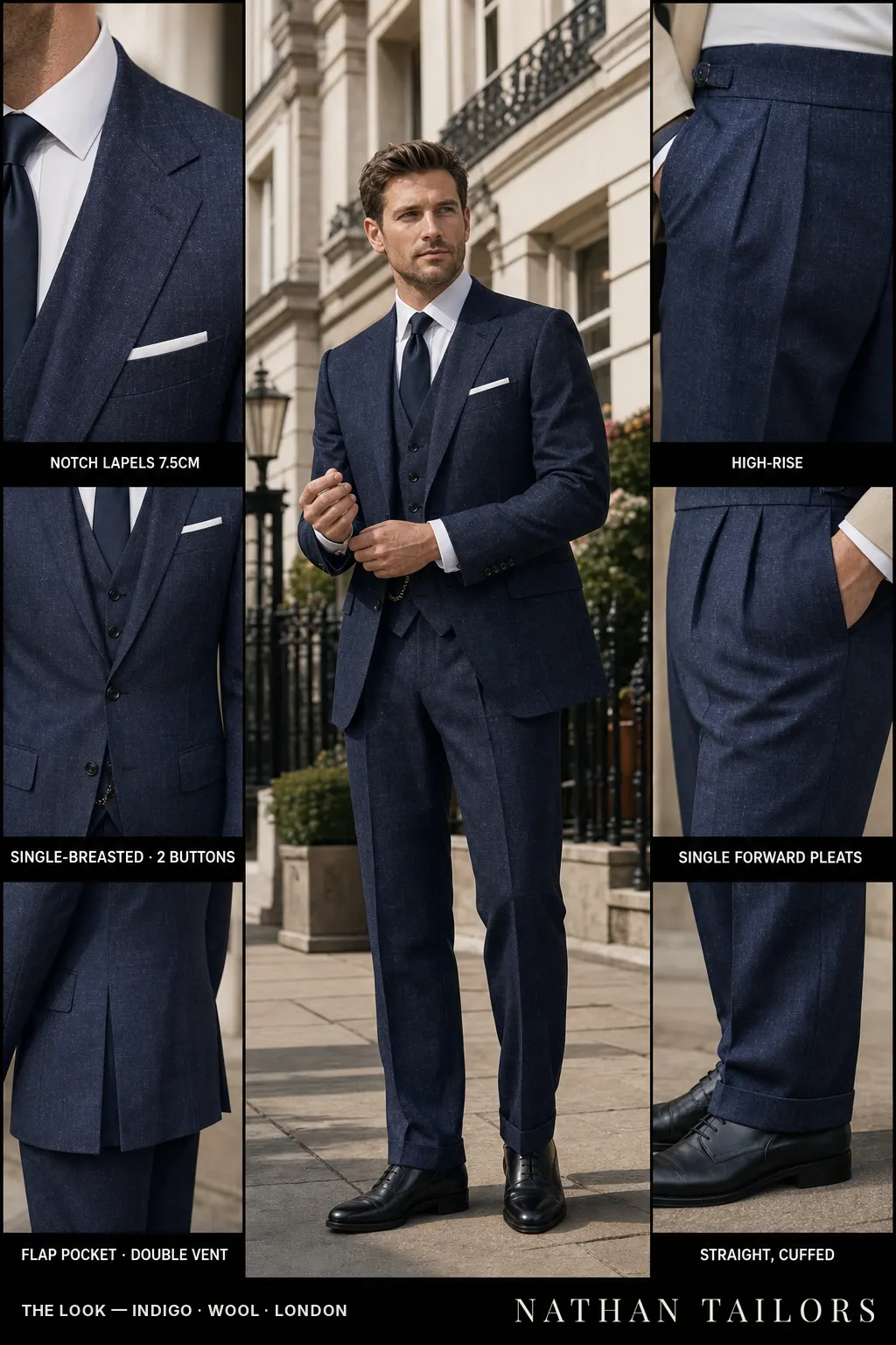 indigo single-breasted notch-lapel bespoke suit — AI-rendered by Nathan Tailors, the Hoi An custom tailor. Available as a custom tailored suit from $149.