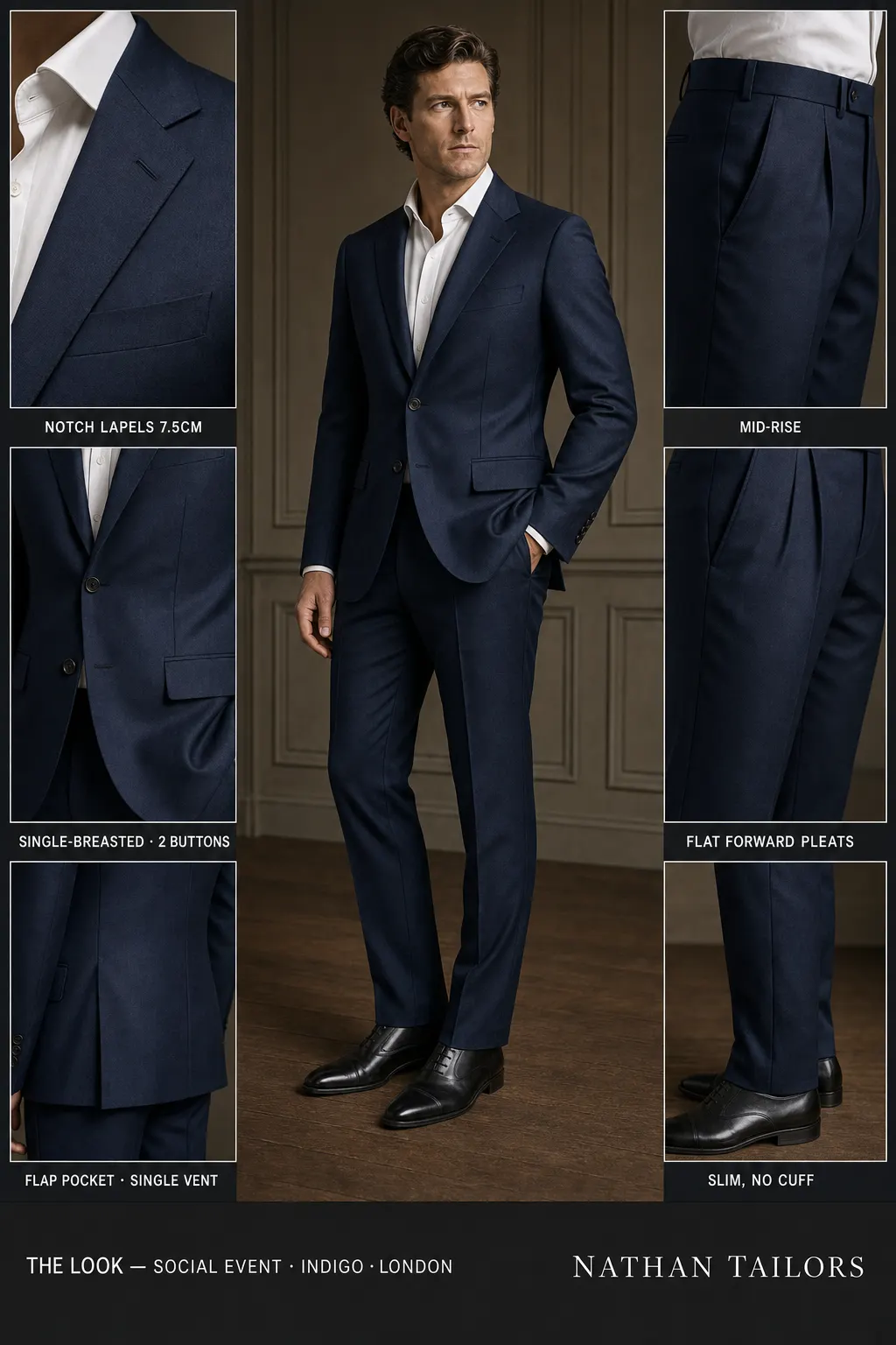 indigo single-breasted notch-lapel bespoke suit — AI-rendered by Nathan Tailors, the Hoi An custom tailor. Available as a custom tailored suit from $149.