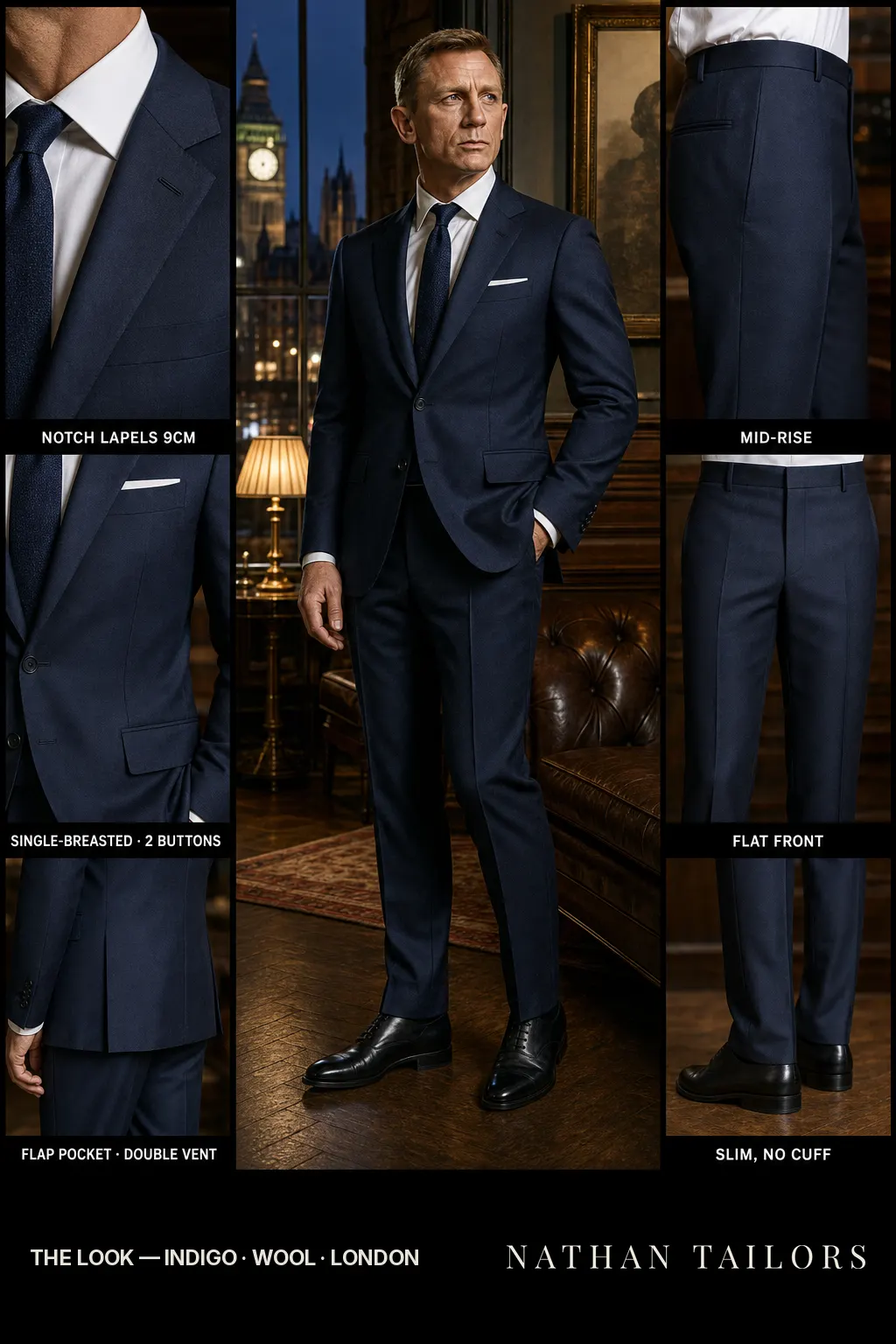 indigo single-breasted bespoke suit โ custom tailored by Nathan Tailors, the Hoi An custom tailor