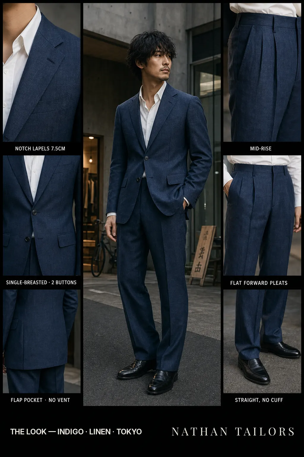indigo single-breasted notch-lapel bespoke suit โ AI-rendered by Nathan Tailors, the Hoi An custom tailor. Available as a custom tailored suit from $149.