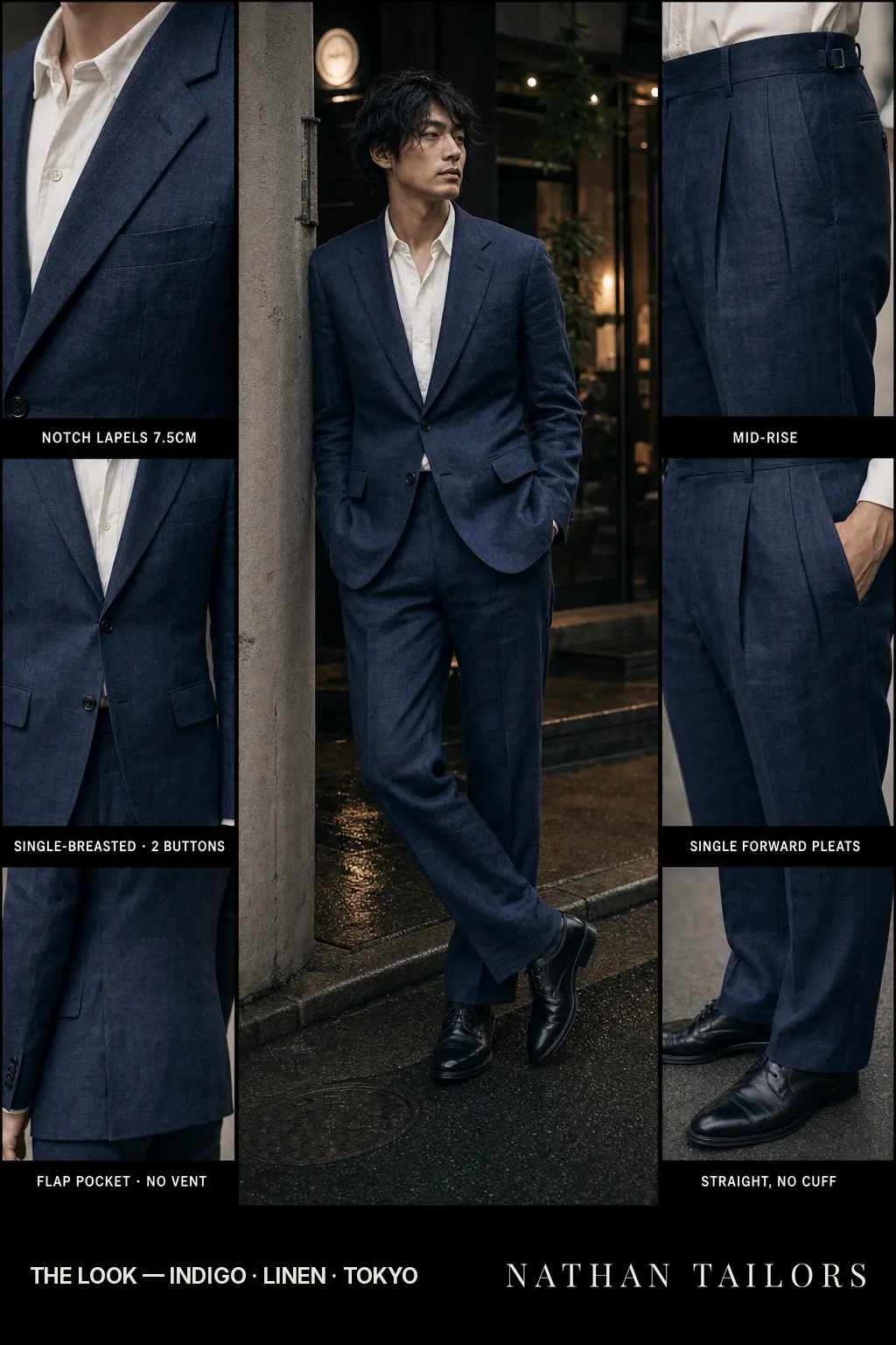 indigo single-breasted notch-lapel bespoke suit โ AI-rendered by Nathan Tailors, the Hoi An custom tailor. Available as a custom tailored suit from $149.