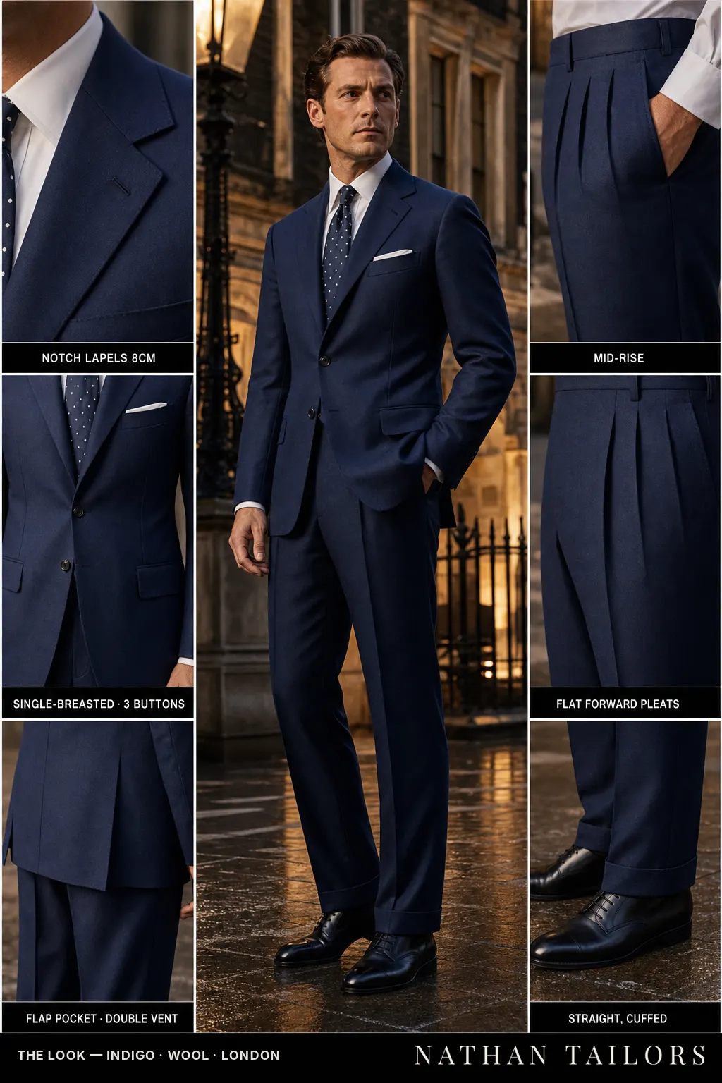 indigo single-breasted notch-lapel bespoke suit — AI-rendered by Nathan Tailors, the Hoi An custom tailor. Available as a custom tailored suit from $149.