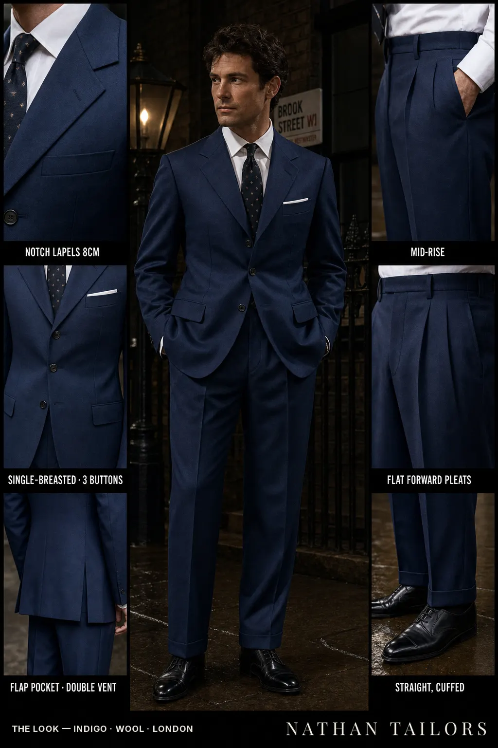 indigo single-breasted notch-lapel bespoke suit — AI-rendered by Nathan Tailors, the Hoi An custom tailor. Available as a custom tailored suit from $149.