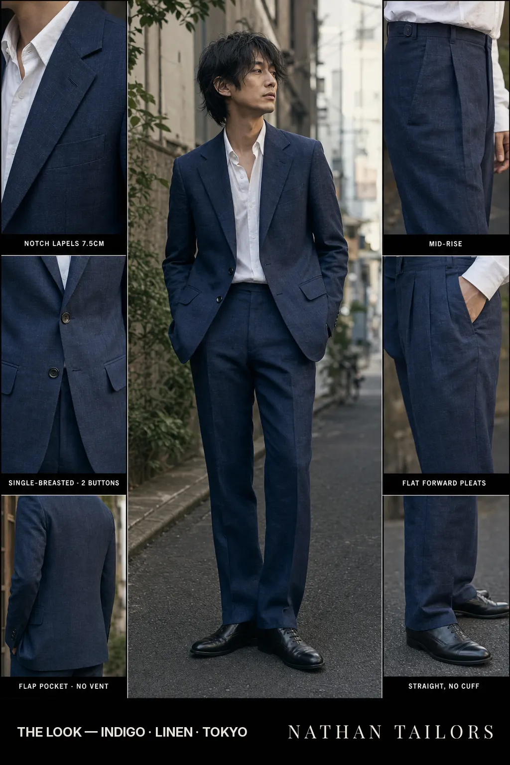 indigo single-breasted notch-lapel bespoke suit โ AI-rendered by Nathan Tailors, the Hoi An custom tailor. Available as a custom tailored suit from $149.