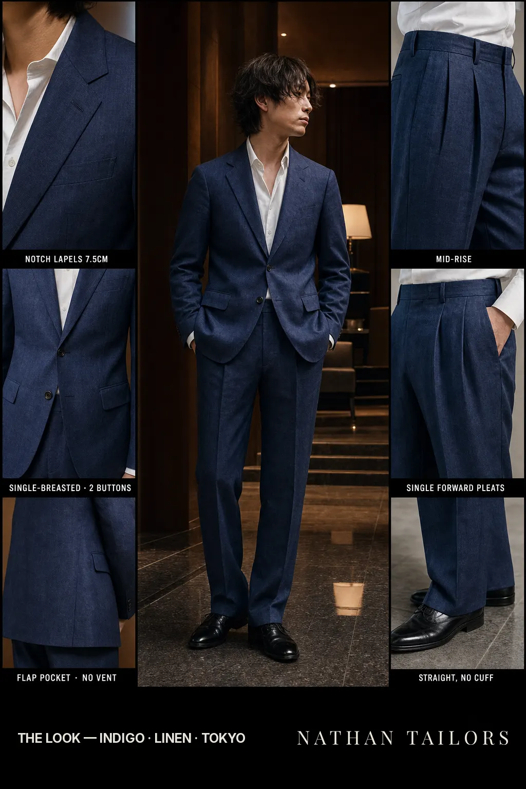 indigo single-breasted notch-lapel bespoke suit โ AI-rendered by Nathan Tailors, the Hoi An custom tailor. Available as a custom tailored suit from $149.