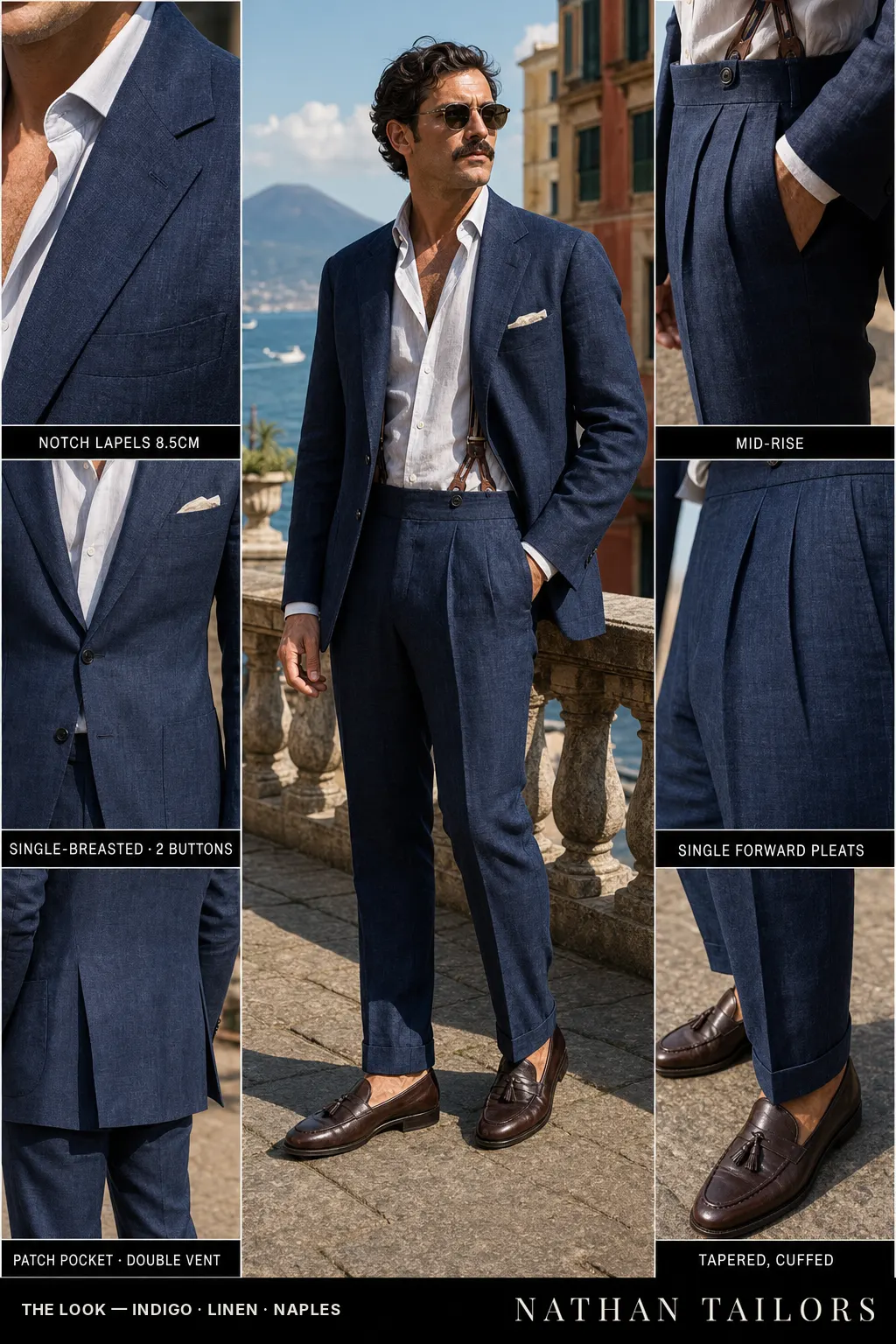 indigo single-breasted notch-lapel bespoke suit — AI-rendered by Nathan Tailors, the Hoi An custom tailor. Available as a custom tailored suit from $149.