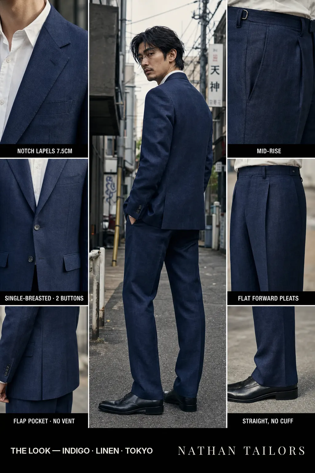 indigo single-breasted notch-lapel bespoke suit โ AI-rendered by Nathan Tailors, the Hoi An custom tailor. Available as a custom tailored suit from $149.