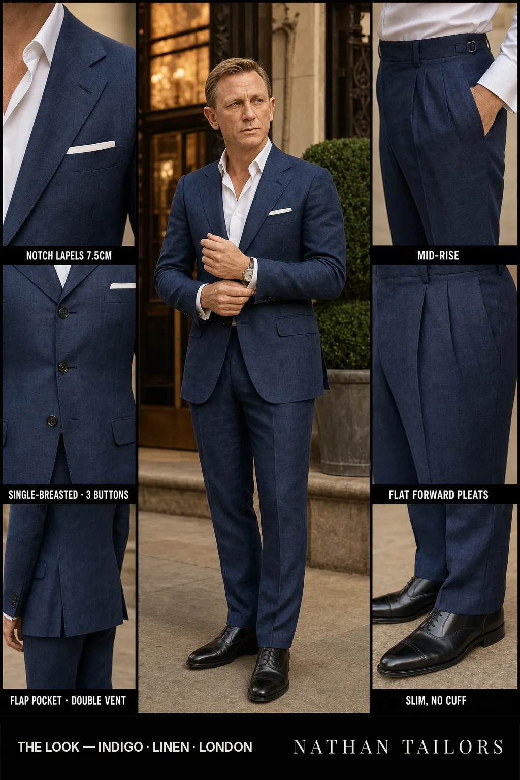 indigo single-breasted notch-lapel bespoke suit — AI-rendered by Nathan Tailors, the Hoi An custom tailor. Available as a custom tailored suit from $149.