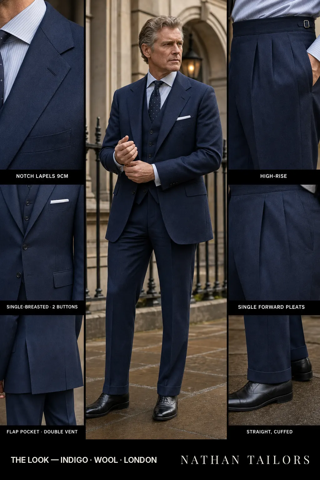indigo single-breasted notch-lapel bespoke suit — AI-rendered by Nathan Tailors, the Hoi An custom tailor. Available as a custom tailored suit from $149.