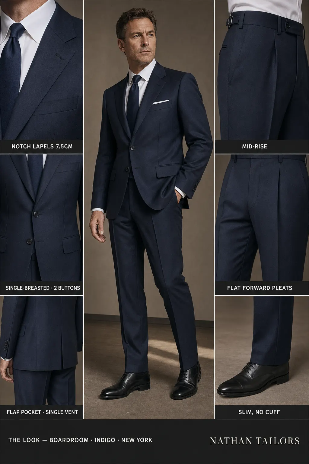 indigo single-breasted notch-lapel bespoke suit — AI-rendered by Nathan Tailors, the Hoi An custom tailor. Available as a custom tailored suit from $149.