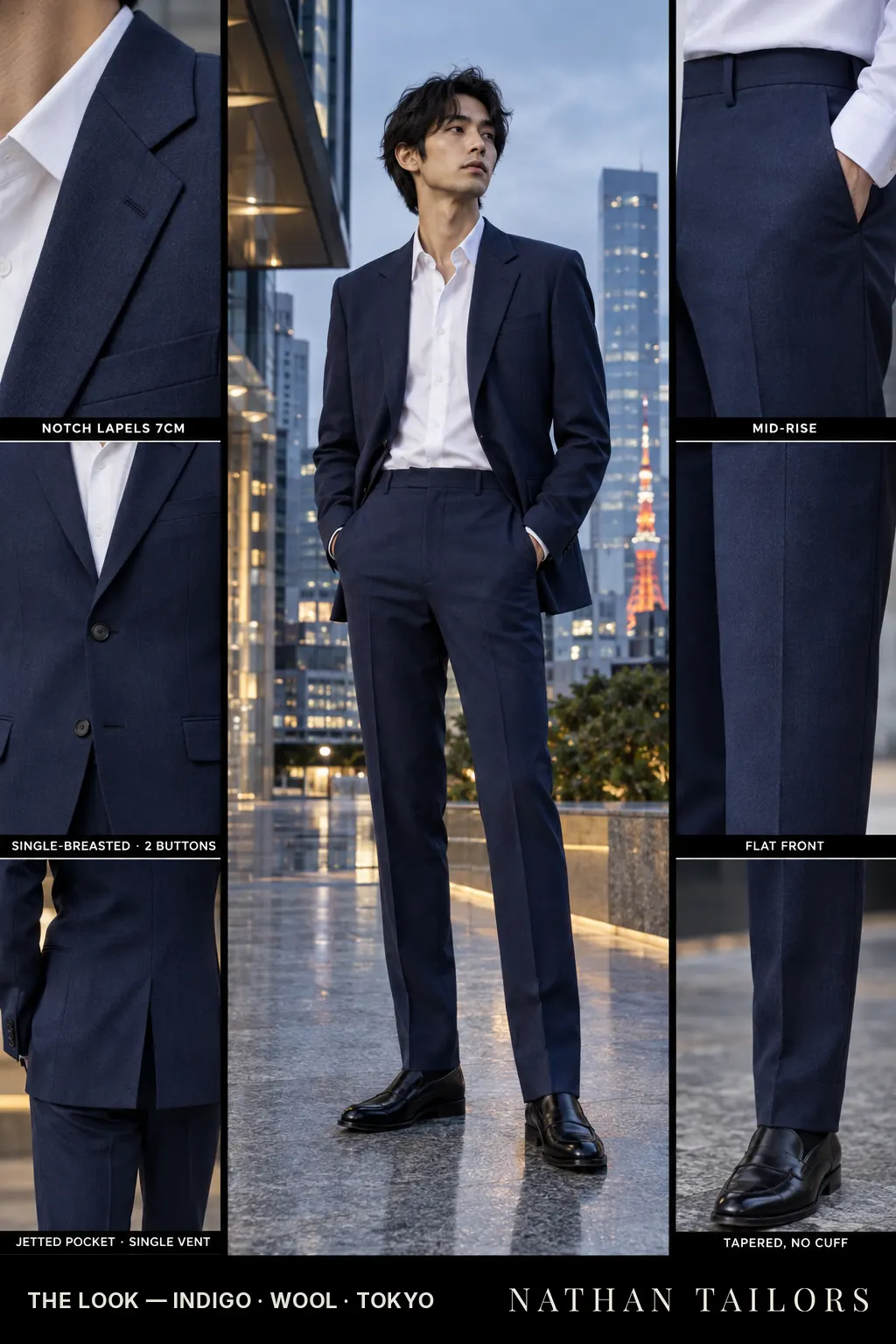 indigo single-breasted bespoke suit — custom tailored by Nathan Tailors, the Hoi An custom tailor