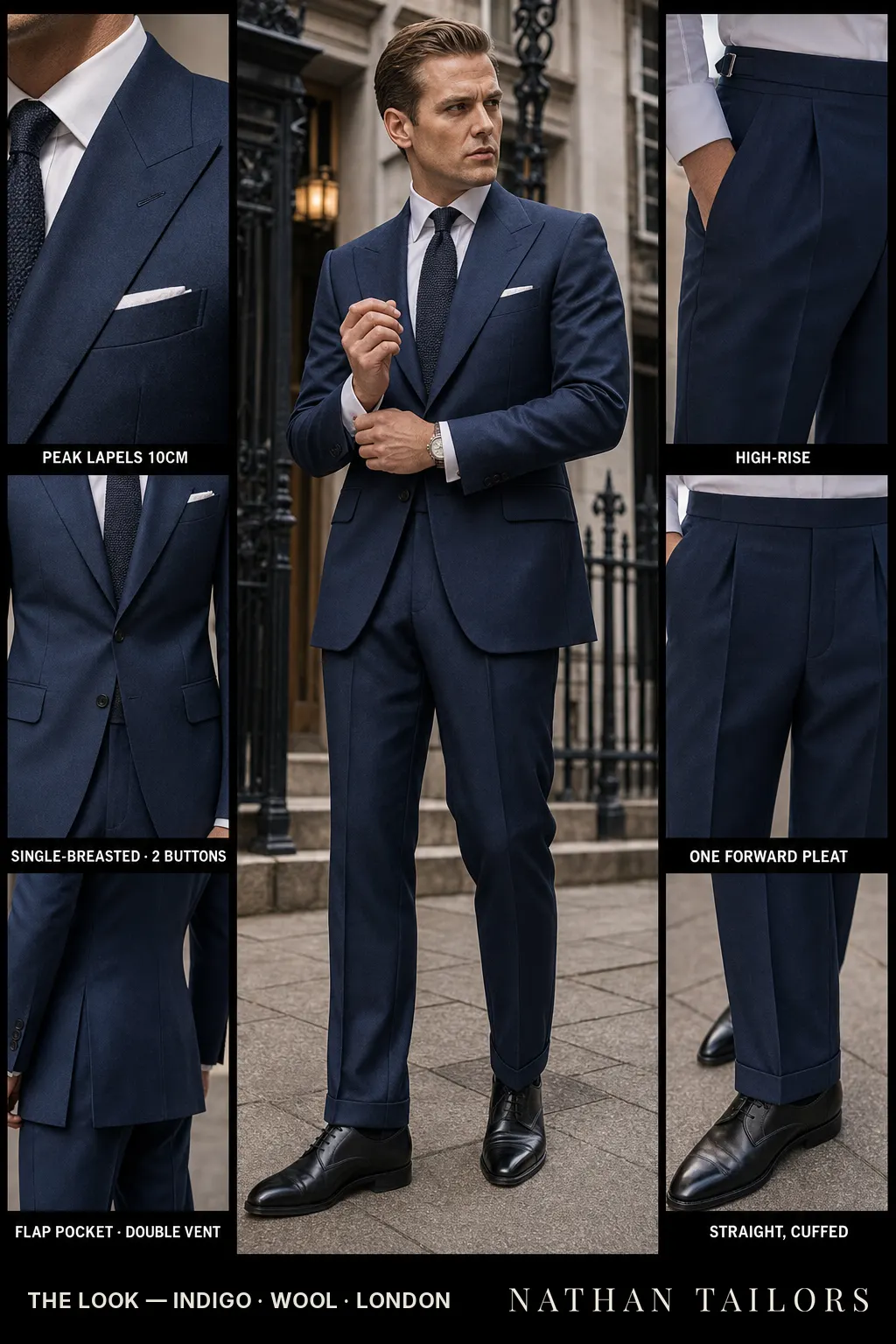 indigo single-breasted peak-lapel bespoke suit — AI-rendered by Nathan Tailors, the Hoi An custom tailor. Available as a custom tailored suit from $149.