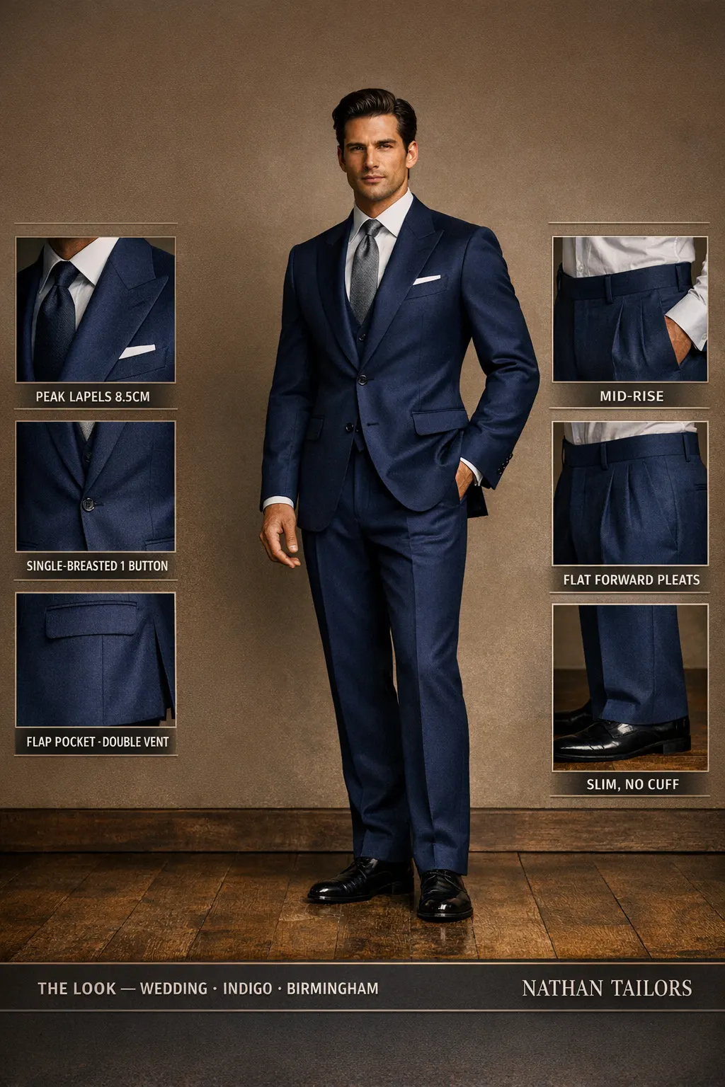 indigo single-breasted peak-lapel bespoke suit — AI-rendered by Nathan Tailors, the Hoi An custom tailor. Available as a custom tailored suit from $149.