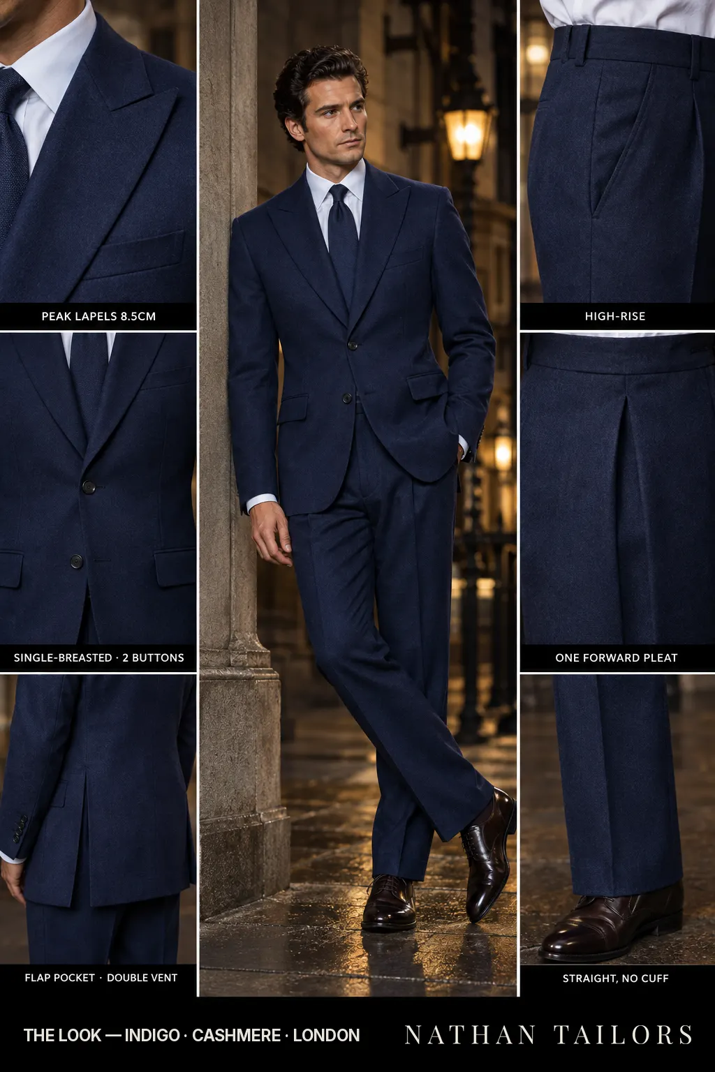 indigo single-breasted peak-lapel bespoke suit โ AI-rendered by Nathan Tailors, the Hoi An custom tailor. Available as a custom tailored suit from $149.