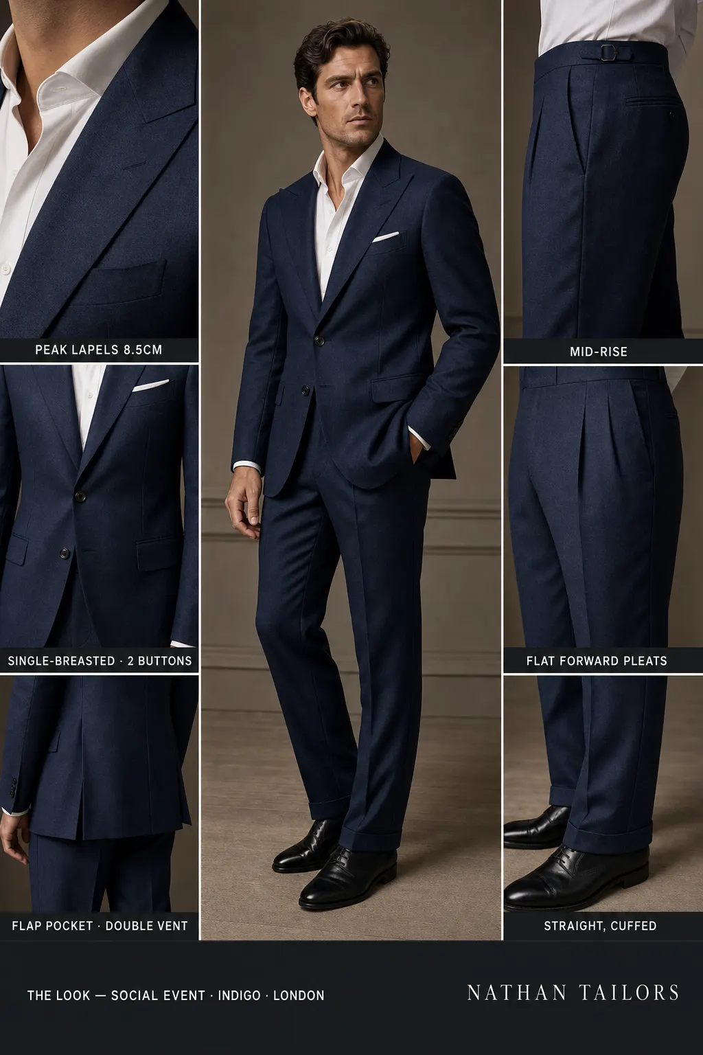 indigo single-breasted peak-lapel bespoke suit — AI-rendered by Nathan Tailors, the Hoi An custom tailor. Available as a custom tailored suit from $149.