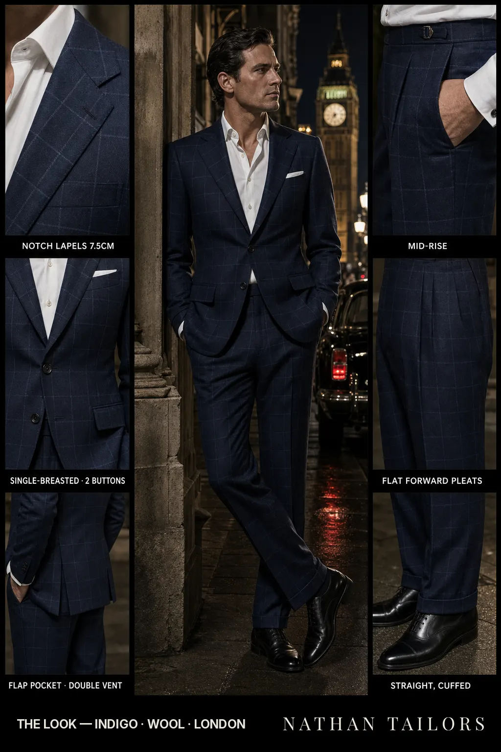 indigo windowpane single-breasted notch-lapel bespoke suit — AI-rendered by Nathan Tailors, the Hoi An custom tailor. Available as a custom tailored suit from $149.
