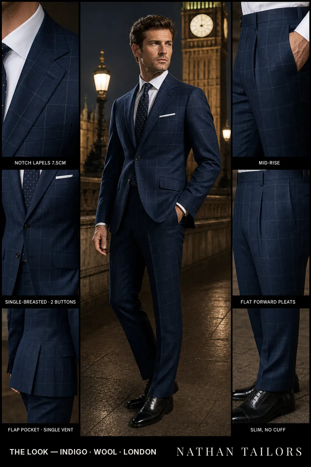 indigo windowpane single-breasted notch-lapel bespoke suit — AI-rendered by Nathan Tailors, the Hoi An custom tailor. Available as a custom tailored suit from $149.