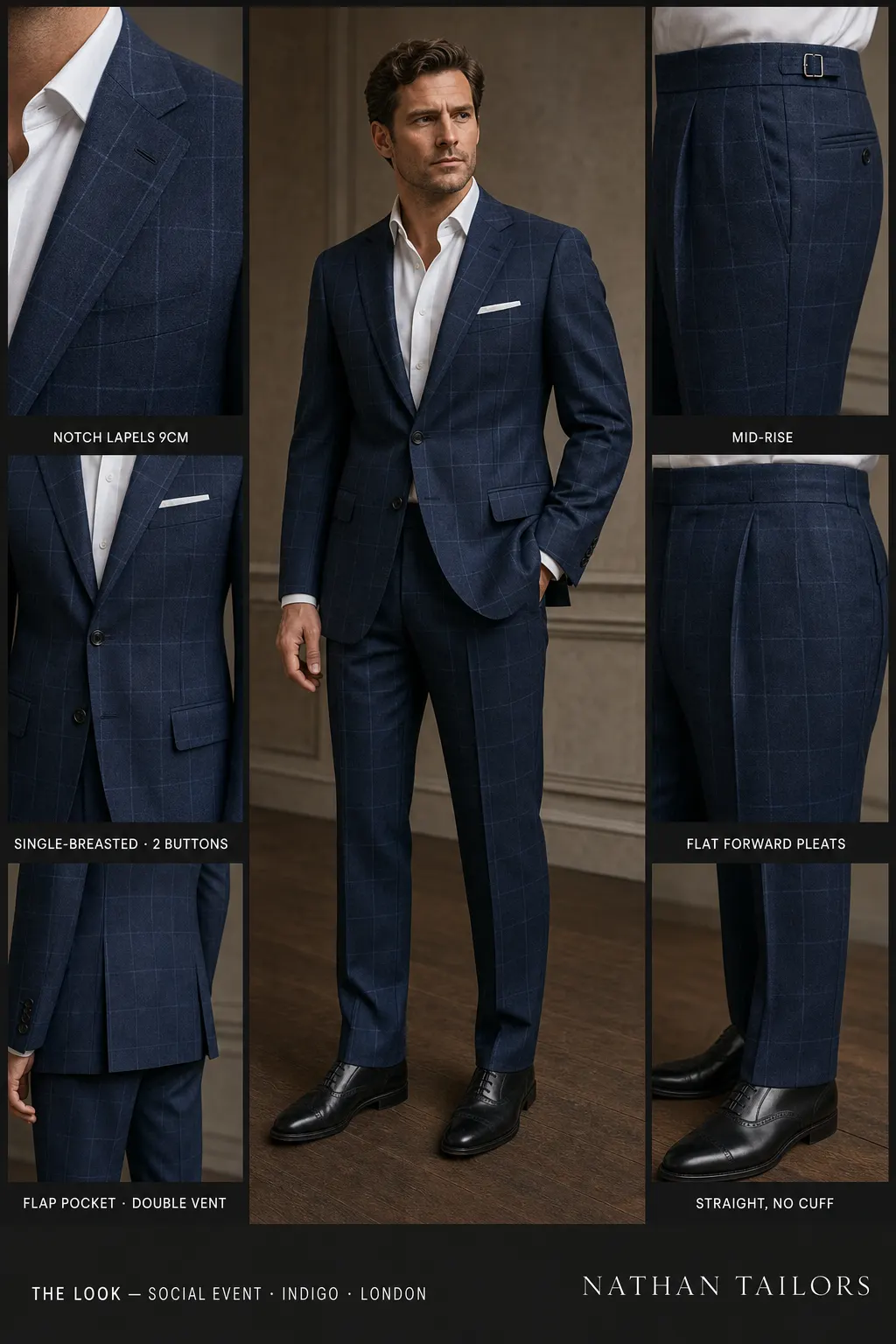 indigo windowpane single-breasted notch-lapel bespoke suit — AI-rendered by Nathan Tailors, the Hoi An custom tailor. Available as a custom tailored suit from $149.