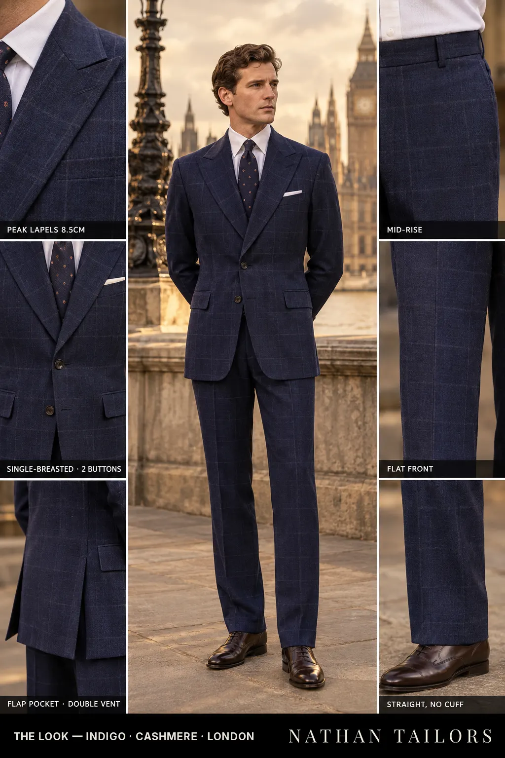 indigo windowpane single-breasted bespoke suit โ custom tailored by Nathan Tailors, the Hoi An custom tailor