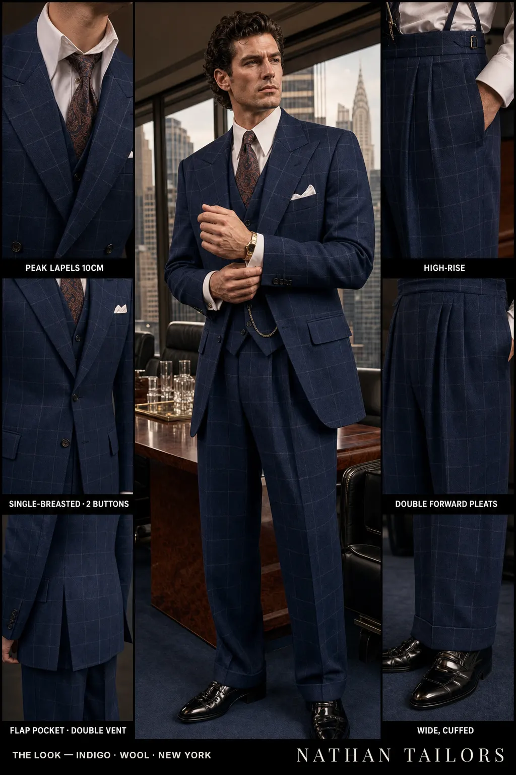 indigo windowpane single-breasted peak-lapel bespoke suit โ AI-rendered by Nathan Tailors, the Hoi An custom tailor. Available as a custom tailored suit from $149.