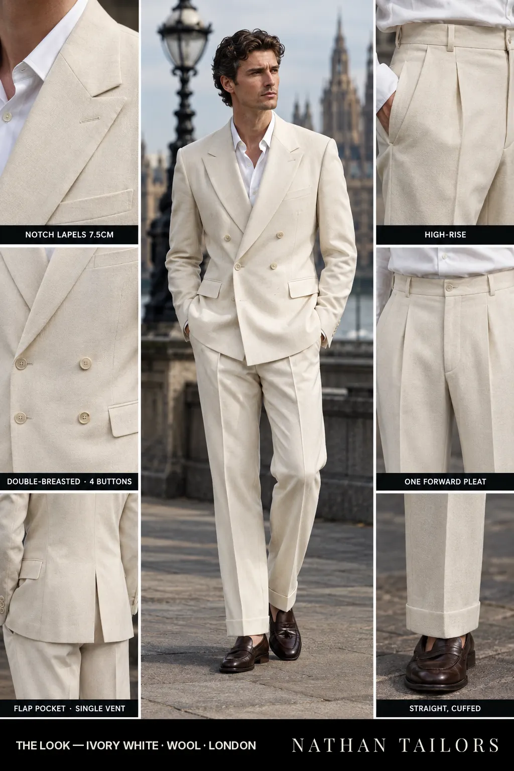 ivory white double-breasted notch-lapel bespoke suit โ AI-rendered by Nathan Tailors, the Hoi An custom tailor. Available as a custom tailored suit from $169.