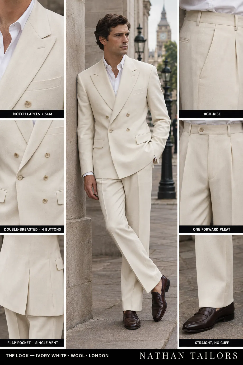 ivory white double-breasted notch-lapel bespoke suit — AI-rendered by Nathan Tailors, the Hoi An custom tailor. Available as a custom tailored suit from $169.