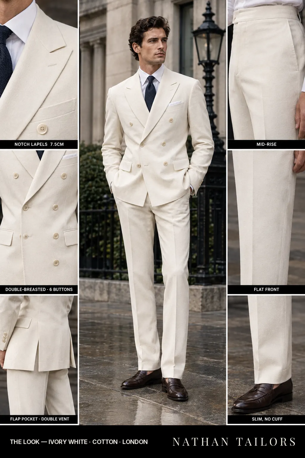 ivory white double-breasted bespoke suit โ custom tailored by Nathan Tailors, the Hoi An custom tailor