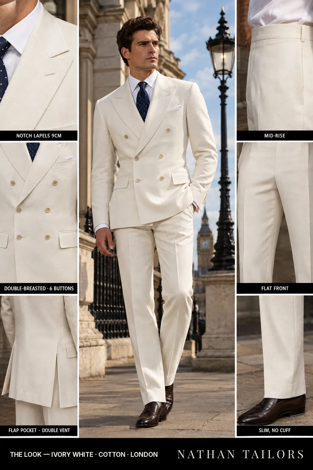 ivory white double-breasted bespoke suit โ custom tailored by Nathan Tailors, the Hoi An custom tailor