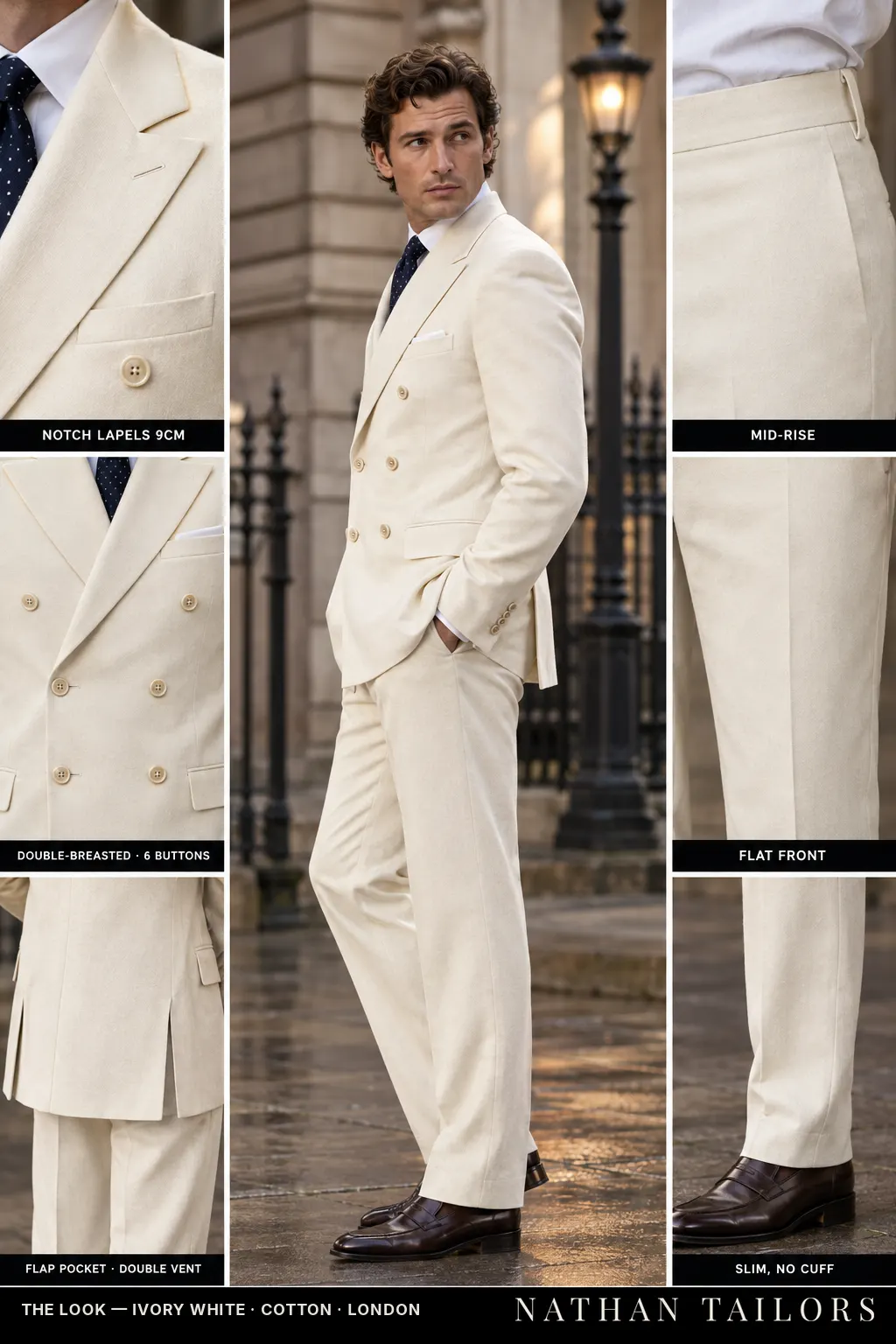 ivory white double-breasted bespoke suit โ custom tailored by Nathan Tailors, the Hoi An custom tailor