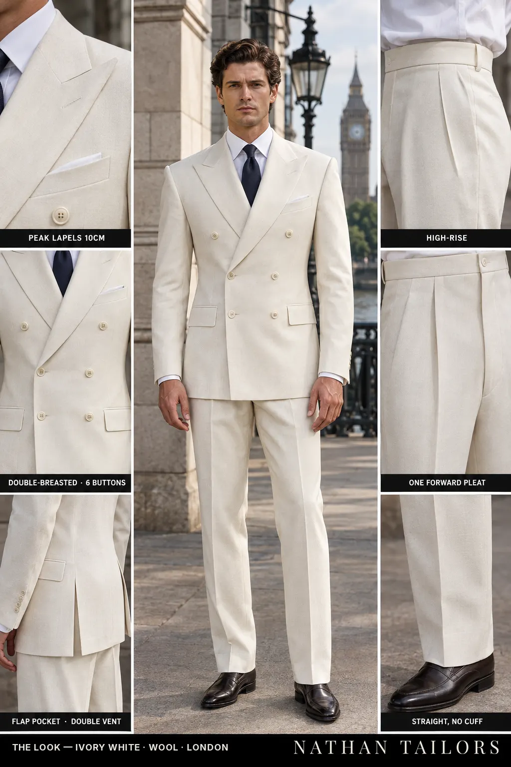 ivory white double-breasted bespoke suit — custom tailored by Nathan Tailors, the Hoi An custom tailor