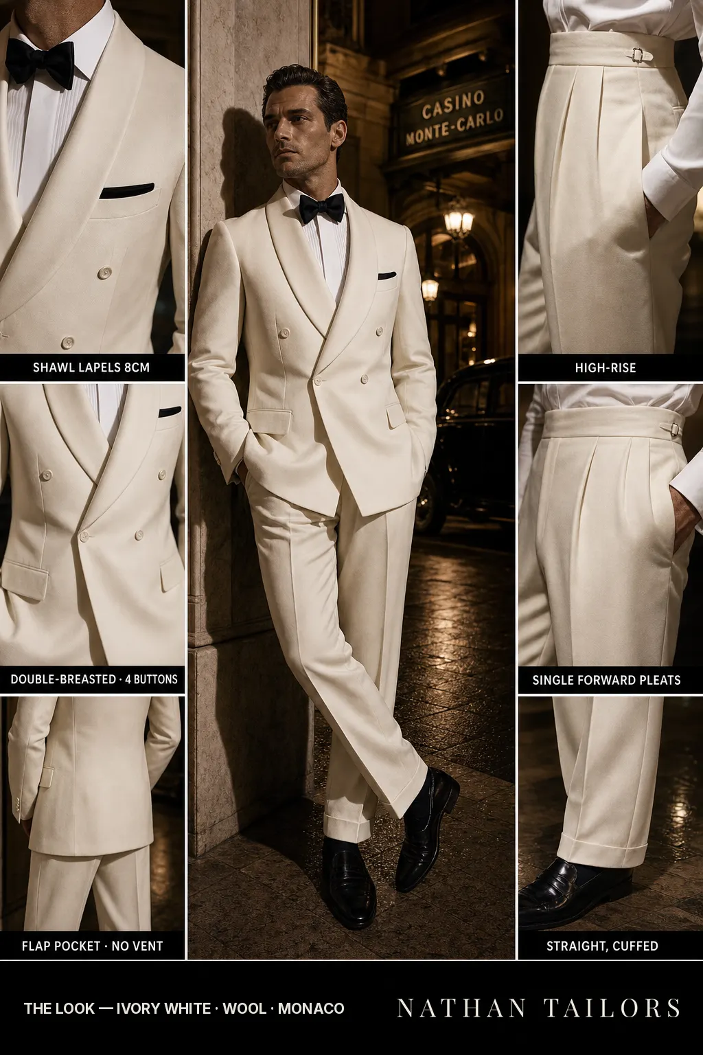 ivory white double-breasted shawl-lapel bespoke suit — AI-rendered by Nathan Tailors, the Hoi An custom tailor. Available as a custom tailored suit from $149.