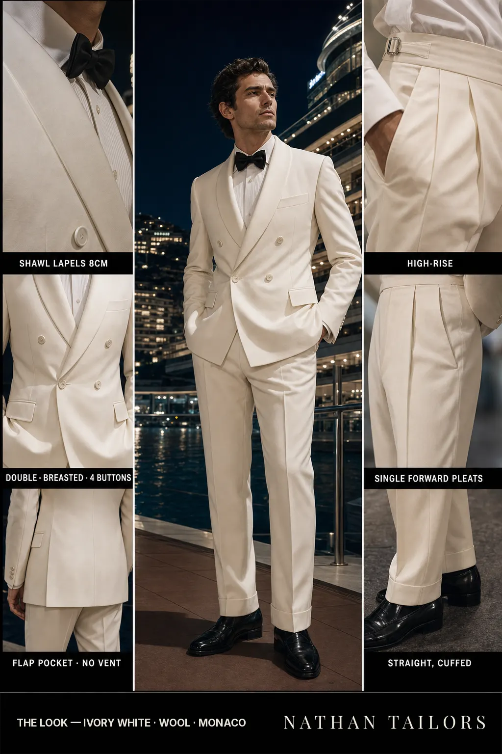 ivory white double-breasted shawl-lapel bespoke suit — AI-rendered by Nathan Tailors, the Hoi An custom tailor. Available as a custom tailored suit from $149.