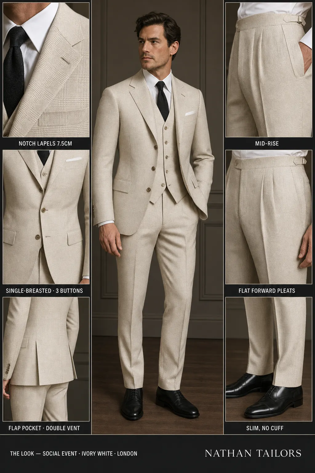 ivory white glen plaid single-breasted notch-lapel bespoke suit โ AI-rendered by Nathan Tailors, the Hoi An custom tailor. Available as a custom tailored suit from $149.