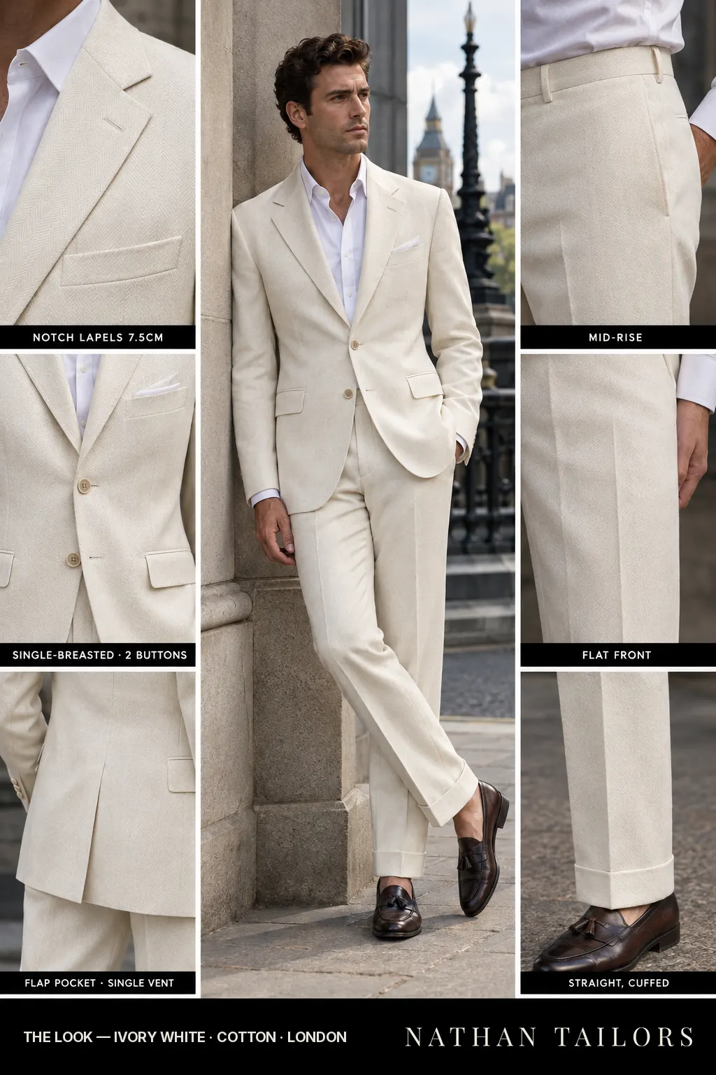 ivory white herringbone single-breasted bespoke suit โ custom tailored by Nathan Tailors, the Hoi An custom tailor