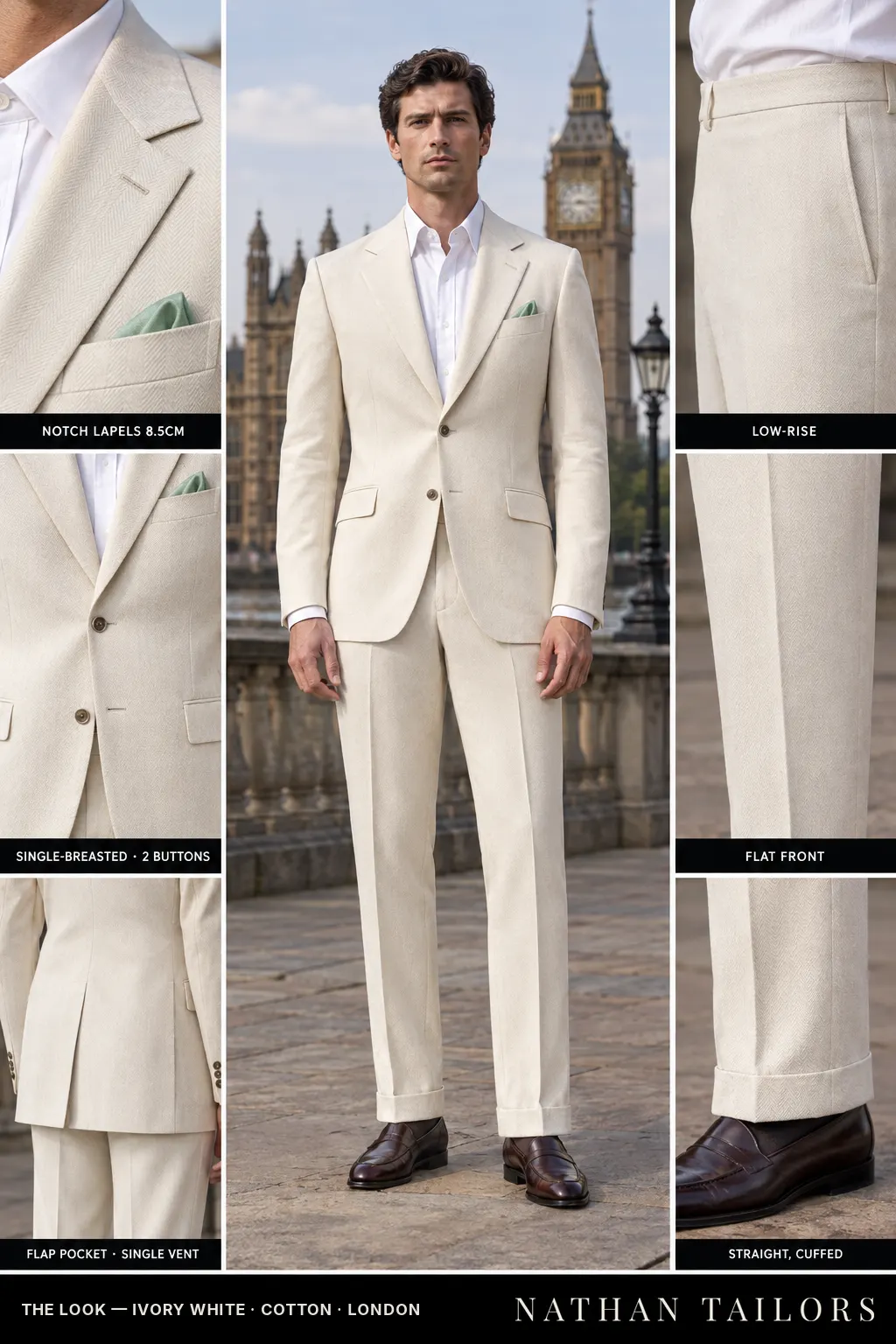 ivory white herringbone single-breasted bespoke suit โ custom tailored by Nathan Tailors, the Hoi An custom tailor