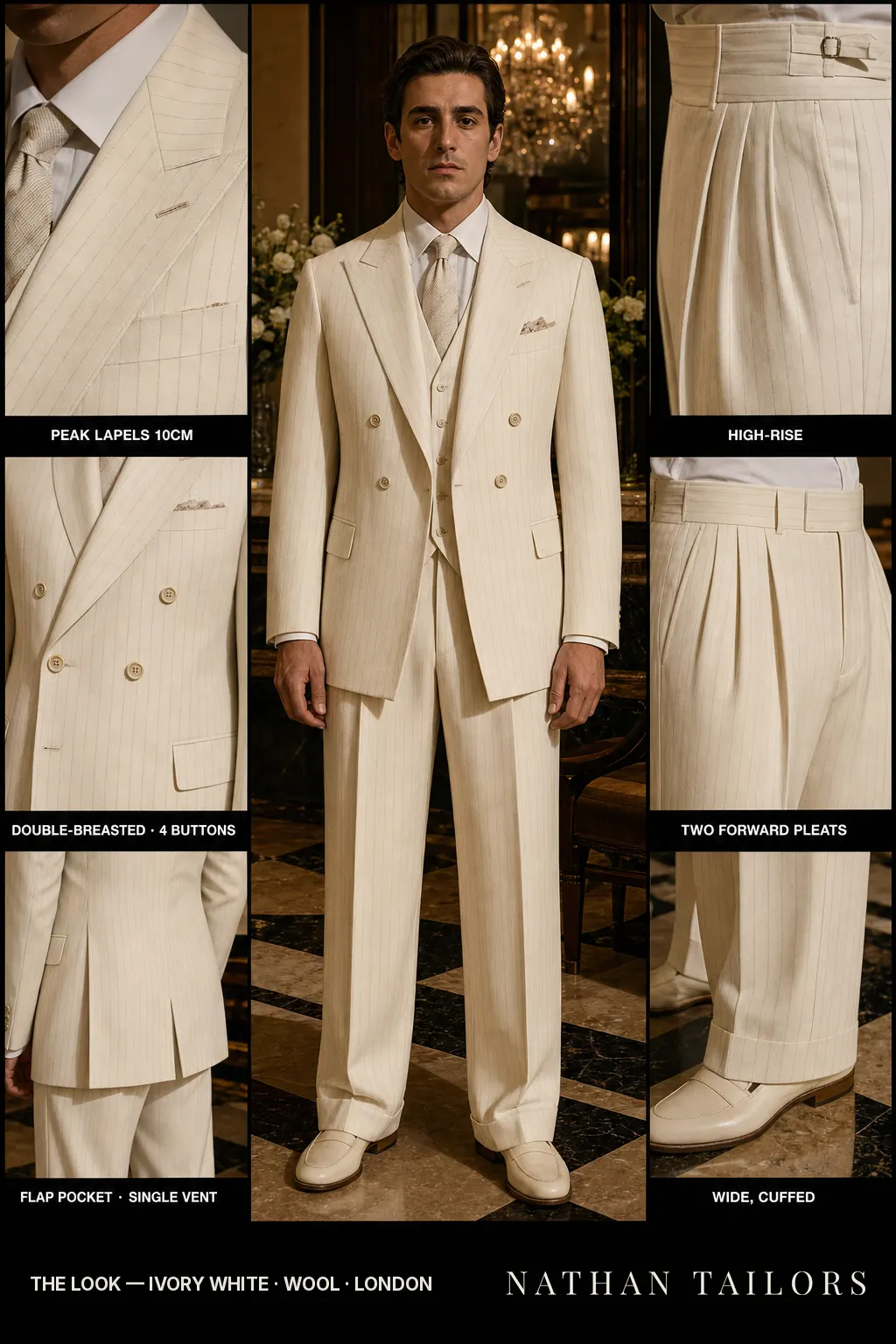 ivory white pinstripe double-breasted peak-lapel bespoke suit โ AI-rendered by Nathan Tailors, the Hoi An custom tailor. Available as a custom tailored suit from $149.