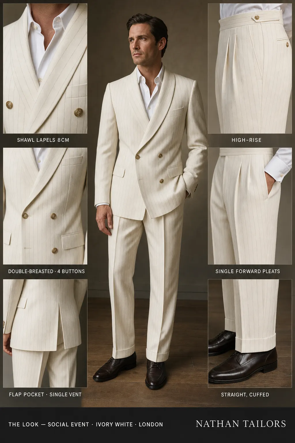 ivory white pinstripe double-breasted shawl-lapel bespoke suit โ AI-rendered by Nathan Tailors, the Hoi An custom tailor. Available as a custom tailored suit from $149.