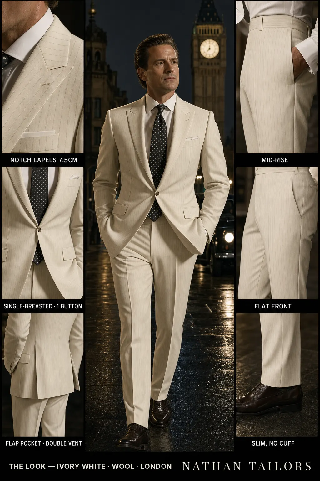 ivory white pinstripe single-breasted notch-lapel bespoke suit โ AI-rendered by Nathan Tailors, the Hoi An custom tailor. Available as a custom tailored suit from $149.